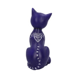 Purple cat-shaped object with white text on a white background