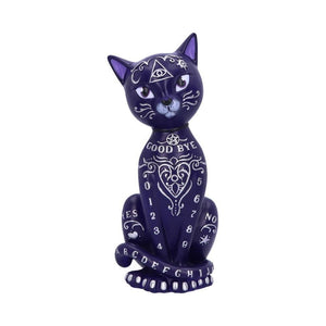Purple cat figurine with white designs on a white background