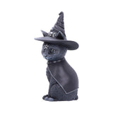 Cat figurine wearing a witch hat and cape on a white background