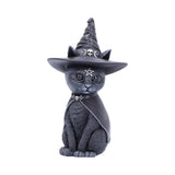 Cat figurine wearing a witch hat with decorative elements on a white background