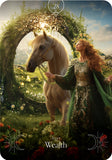 Tarot card featuring a woman and horse under a floral arch with 'Wealth' text