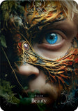 Close-up of a person wearing an ornate mask with a mystical design, surrounded by foliage.