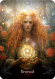 Tarot card featuring a woman with glowing hands and flowers, labeled 'Renewal'.