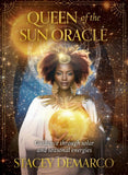 Book cover of 'Queen of the Sun Oracle' with a woman holding a glowing orb against a cosmic background.