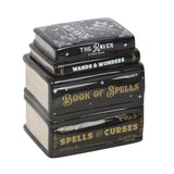 Stack of black books with gold text on a white background
