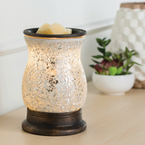 Decorative lamp with a candle on a table with a plant in the background