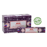 Satya Reiki incense packaging with a green certified green product logo on a white background