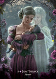 Woman in a historical dress holding a child with another woman in the background, surrounded by flowers.