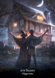 Two people in hooded cloaks standing in front of a rustic house at night with a full moon.