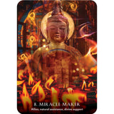 Buddha statue with flames and text '8. Miracle Maker' on a dark background