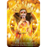 Card featuring a person with a colorful skull mask and gold headdress against a yellow floral background.