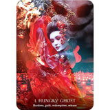 Artistic depiction of a ghostly figure with red and white traditional attire against a dark background.