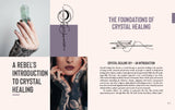 Page from a book or magazine about crystal healing with text and images of a hand holding a crystal and a tattooed person.