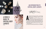 Magazine spread on crystal body layouts with crystals, a woman with face jewels, and text.