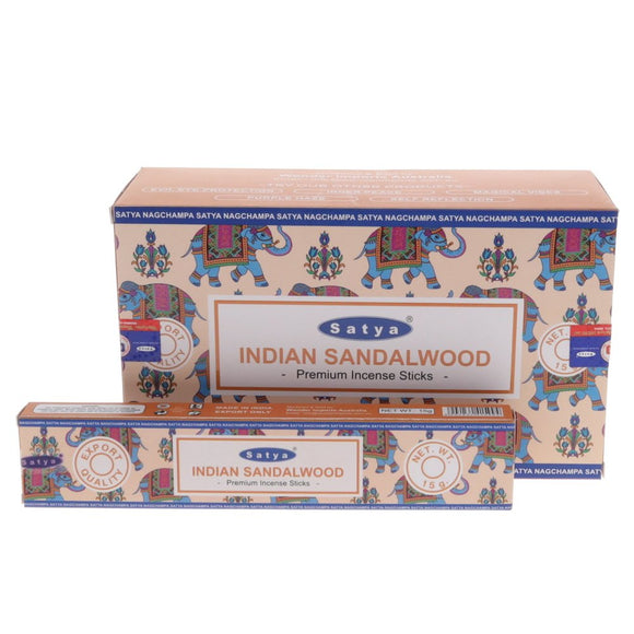 Satya Indian Sandalwood incense packaging with decorative elephants on a white background