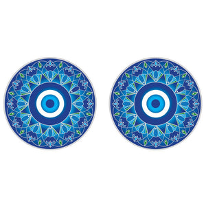Two blue circular stickers with decorative patterns on a white background