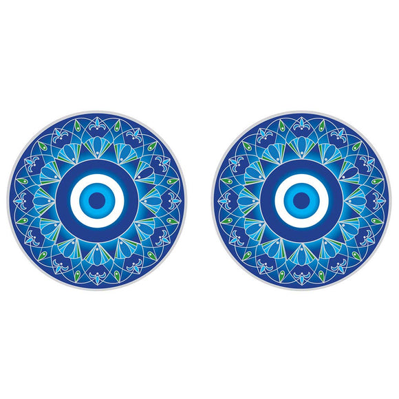 Two blue circular stickers with decorative patterns on a white background
