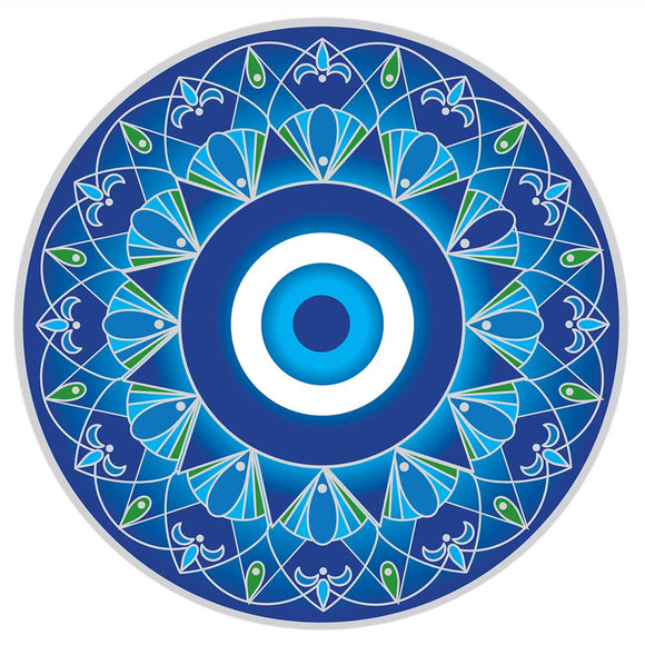 Decorative circular design with blue and green patterns on a white background