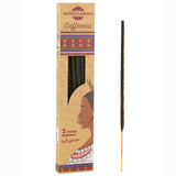 Saffron incense stick with packaging featuring a woman's face and 'Sacred Elements' branding.