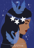 Illustration of a woman with swan feathers and flowers in her hair against a starry night sky.