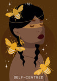 Illustration of a woman with bees and the word 'Self-Centred' on a brown background