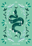 Decorative design with a snake and floral elements on a green background