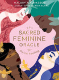 Book cover of 'Sacred Feminine Oracle' with illustrations of women and nature elements.