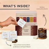 Incense packaging with resins and a burner on a beige background