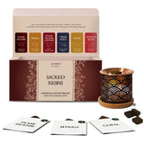 Incense set with packaging, incense burner, and labels on a white background