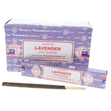 Box of Satya Lavender Incense with incense sticks on a white background