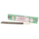 Box of Satya Patchouli incense with three sticks in front on a white background
