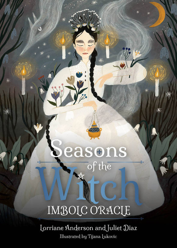 Book cover of 'Seasons of the Witch: Imbolc Oracle' with a witch in a white dress surrounded by candles and nature elements.