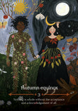 Illustration of two people standing together with autumn elements and text about the Autumn equinox.