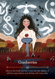 Illustration of a woman with long hair and a white dress, surrounded by animals and nature, with text 'Cranberries' and a quote.