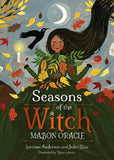 Book cover of 'Seasons of the Witch: Mabon Oracle' with a witch figure, leaves, and a candle.