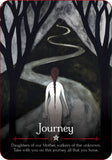 Illustration of a person walking down a winding path in a dark forest with the word 'Journey' at the bottom.