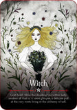 Illustration of a witch holding flowers with nature elements on a dark background