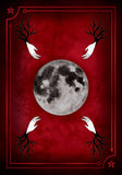 Gothic design with a full moon and black hands on a red background