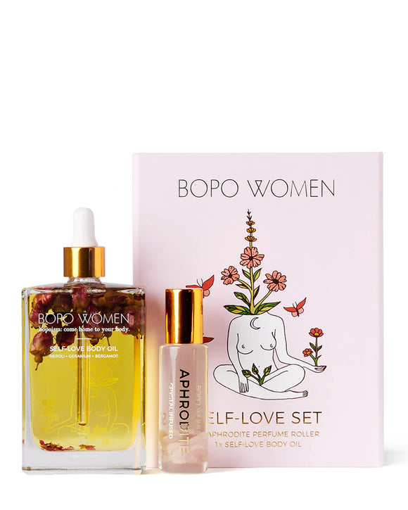 BOPO Women self-love set with a bottle and rollerball on a white background