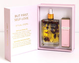 BOHO Women self-love body oil and perfume roller set in a pink box with text.