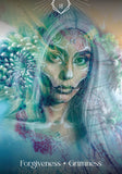 Artistic depiction of a person with ethereal elements and text 'Forgiveness + Grimness'.