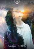 A double-exposure style artwork showing a person in a white hoodie with a forest and mountain landscape layered over them, plus a geometric symbol at the top and the text 'Solution + Problem' at the bottom.
