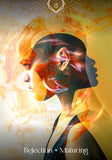 A stylized portrait artwork of a person in profile with layered orange, yellow, and dark tones, plus abstract flame-like effects and the text 'Rejection + Maturing' at the bottom.