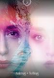 A stylized split-face artwork with two human faces in soft pink, purple, blue, and white tones, overlaid with abstract water and crystalline textures. A small geometric symbol appears at the top, and the text 'Asking + Telling' is visible at the bottom.