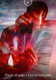 A dramatic, layered graphic with a blurred human figure in front of a waterfall and cloudy sky, overlaid with red blood-like effects, a butterfly motif, and the text 'Physical pain + Emotional pain' at the bottom.