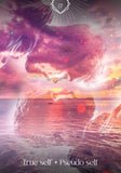 A surreal digital artwork showing a large mirrored face composed of pink, purple, and orange tones over a seascape at sunset, with the text 'True self + Pseudo self' at the bottom and a geometric symbol with the number 17 at the top.