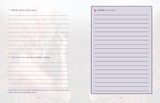 A printed booklet or worksheet spread with lined writing areas and small text prompts, shown against a pale gray background with a faint photographic overlay.