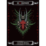 Decorative card with a central design of skulls and horns on a black background with red and green accents.