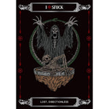 Gothic-style illustration with skeletons and text on a black background