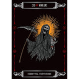 Grim Reaper illustration with sunburst on a black background, featuring text '33 Value' and 'Deserving, Worthiness'.